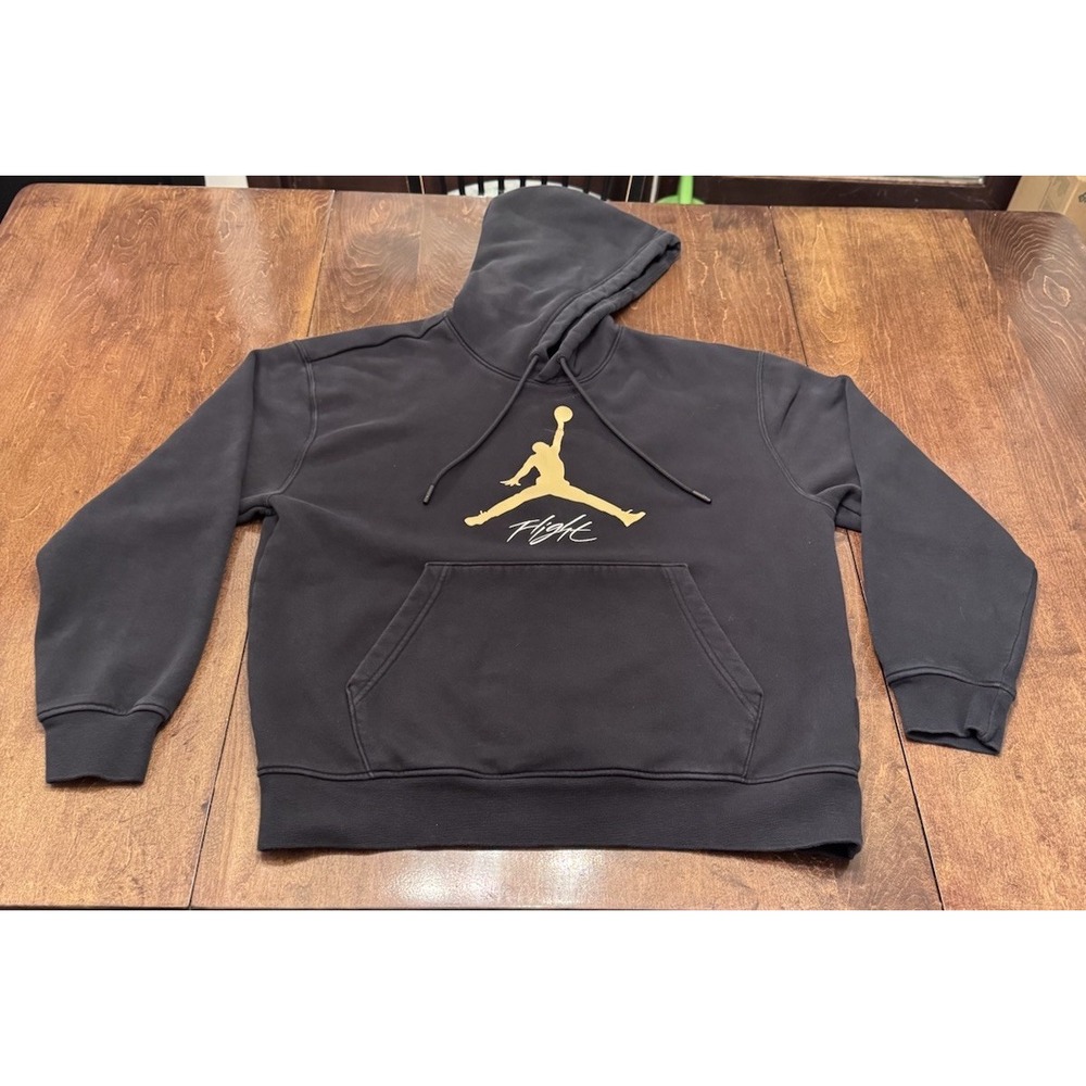 Nike Air Jordan Flight Hoodie Mens Medium Black Gold Jumpman Pullover Sweatshirt